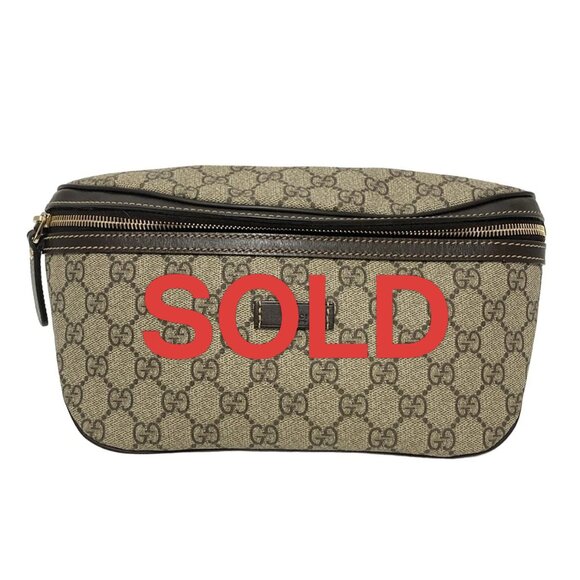 GUCCI GG Supreme Beige Dark Brown Leather Bum Bag 582-063025 - Picture 1 of 8